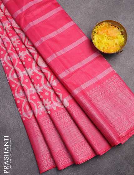 Semi tussar saree pink with allover batik prints and long silver zari woven border