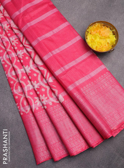 Semi tussar saree pink with allover batik prints and long silver zari woven border