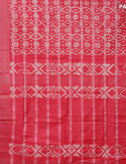 Semi tussar saree pink with allover batik prints and long silver zari woven border