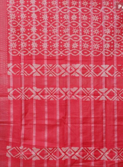 Semi tussar saree pink with allover batik prints and long silver zari woven border