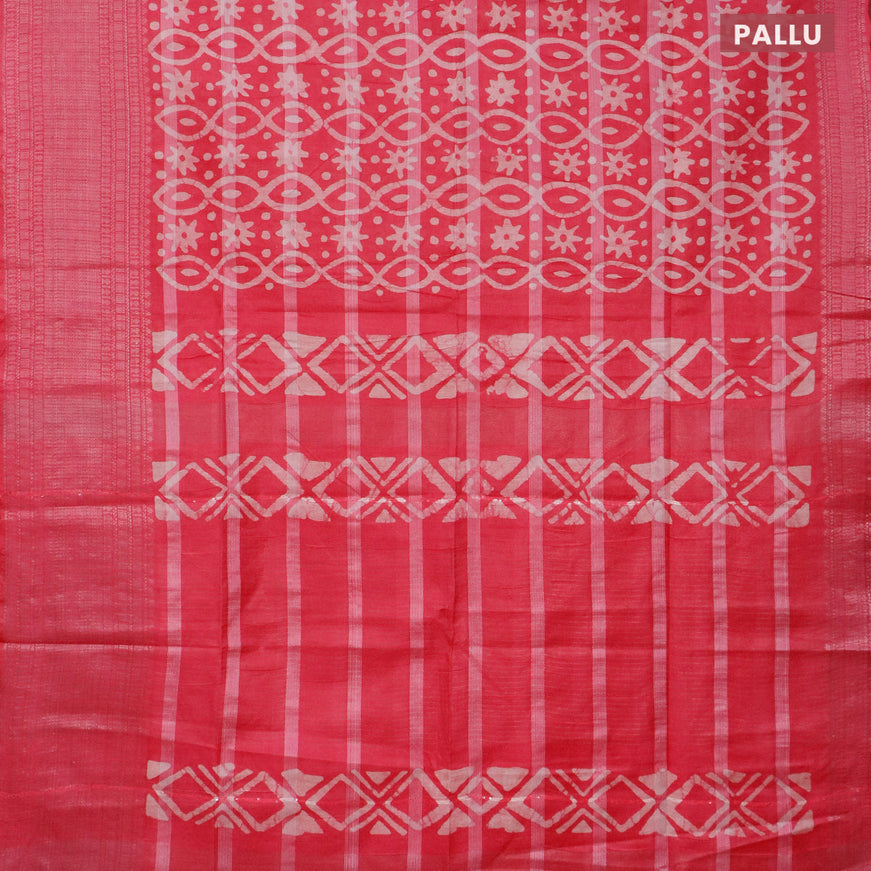 Semi tussar saree pink with allover batik prints and long silver zari woven border