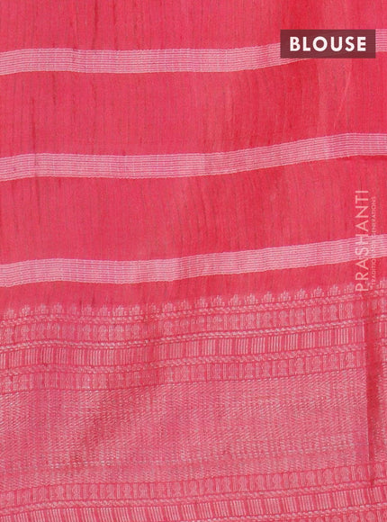 Semi tussar saree pink with allover batik prints and long silver zari woven border