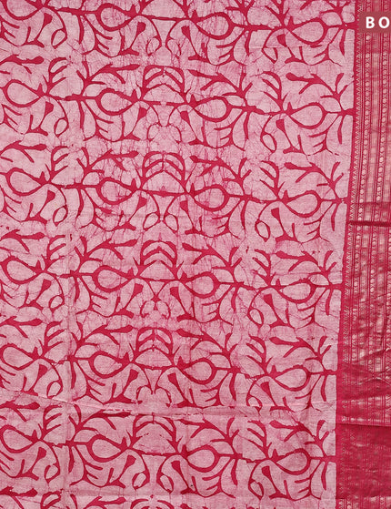 Semi tussar saree off white and pink with allover batik prints and long zari woven border