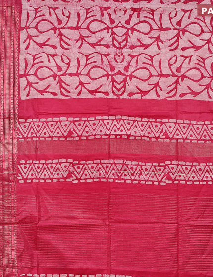 Semi tussar saree off white and pink with allover batik prints and long zari woven border