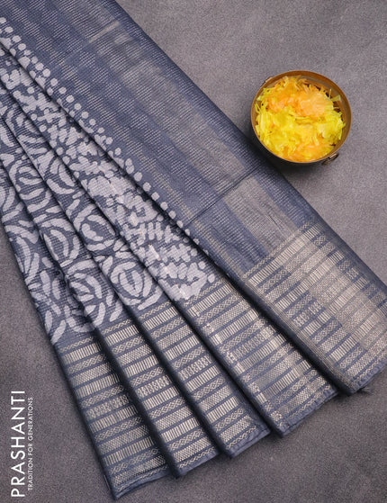 Semi tussar saree grey and off white with allover batik prints and long silver zari woven border