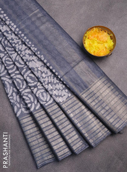 Semi tussar saree grey and off white with allover batik prints and long silver zari woven border