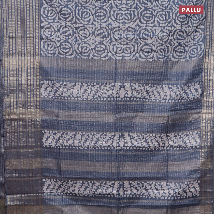 Semi tussar saree grey and off white with allover batik prints and long silver zari woven border