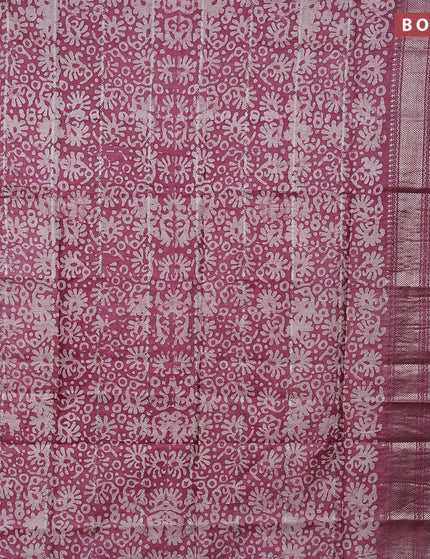 Semi tussar saree mauve pink with allover batik prints and long silver zari woven border