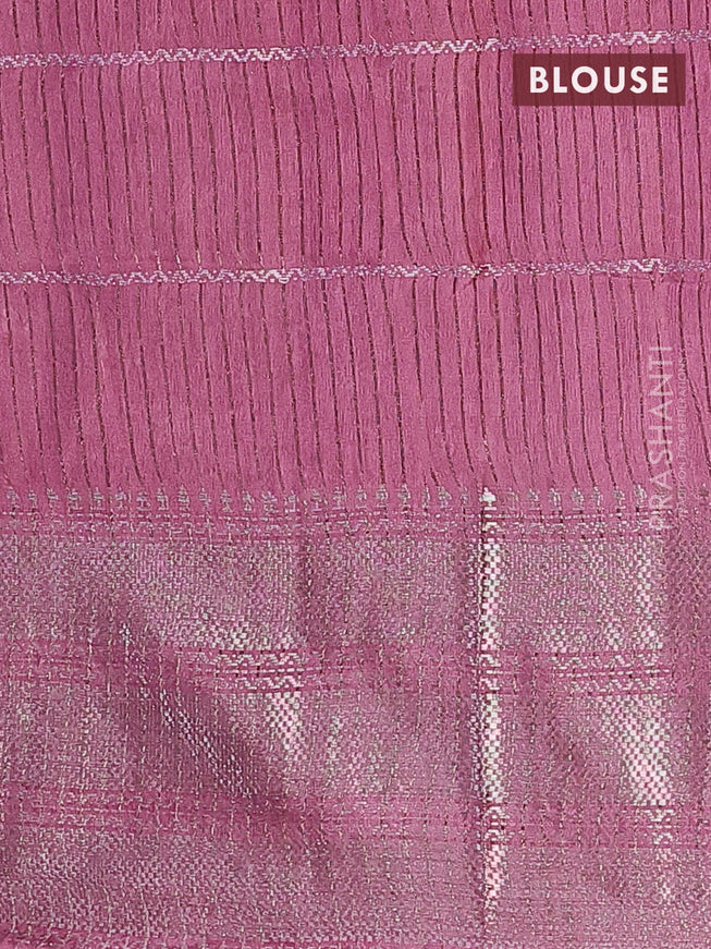 Semi tussar saree mauve pink with allover batik prints and long silver zari woven border