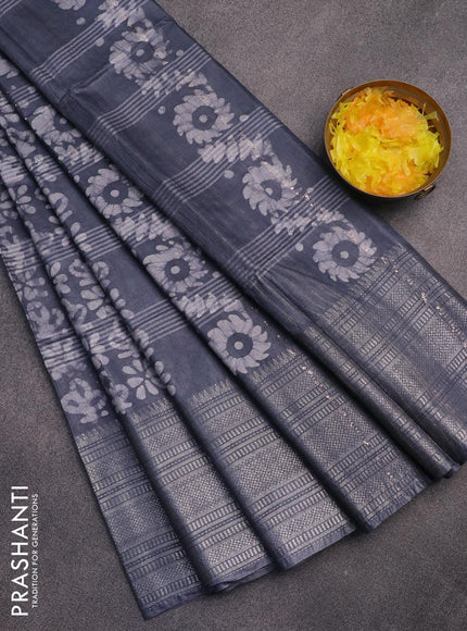 Semi tussar saree grey with allover batik prints and long silver zari woven border