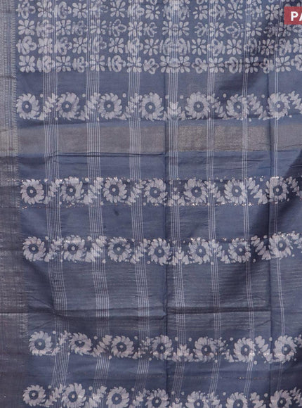 Semi tussar saree grey with allover batik prints and long silver zari woven border