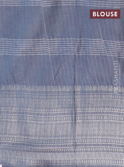 Semi tussar saree grey with allover batik prints and long silver zari woven border