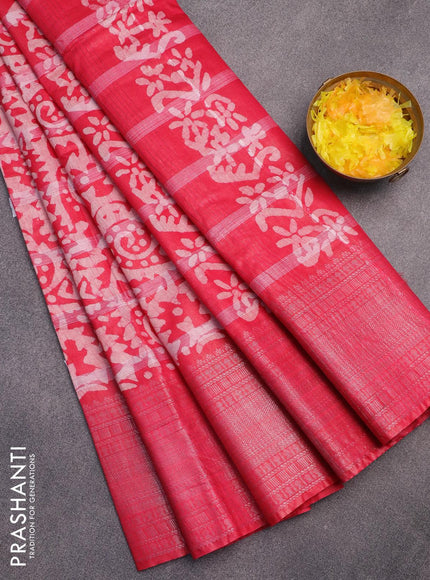 Semi tussar saree pink with allover batik prints and long silver zari woven border