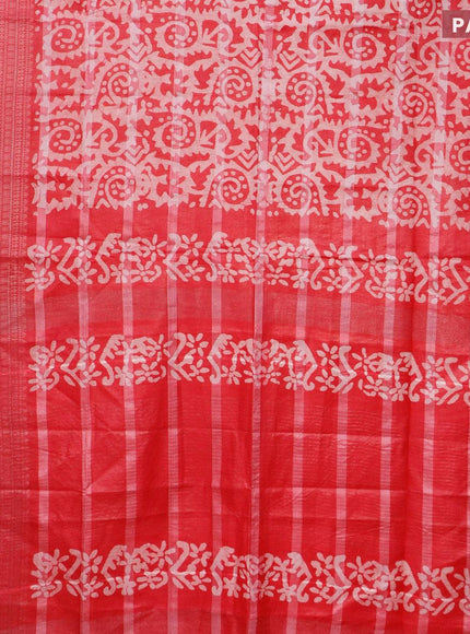 Semi tussar saree pink with allover batik prints and long silver zari woven border