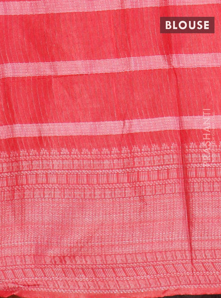 Semi tussar saree pink with allover batik prints and long silver zari woven border