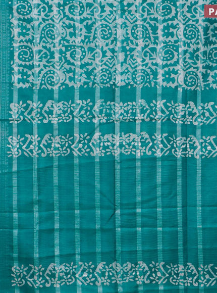 Semi tussar saree teal green and off white with allover batik prints and long silver zari woven border