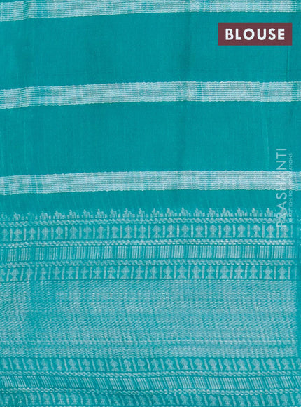 Semi tussar saree teal green and off white with allover batik prints and long silver zari woven border