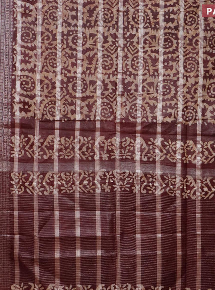 Semi tussar saree coffee brown and beige with allover batik prints and long silver zari woven border