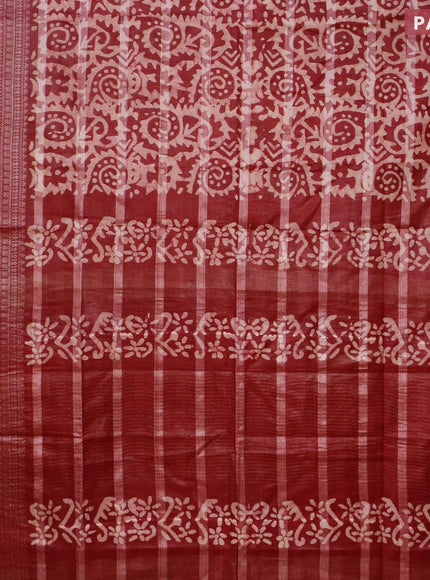 Semi tussar saree dark maroon and beige with allover batik prints and long silver zari woven border