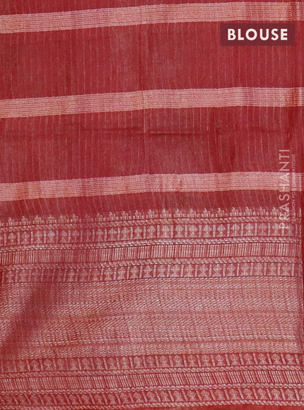 Semi tussar saree dark maroon and beige with allover batik prints and long silver zari woven border