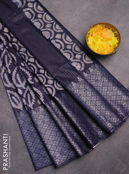 Semi tussar saree dark navy blue and off white with allover batik prints and long silver zari woven border