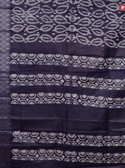 Semi tussar saree dark navy blue and off white with allover batik prints and long silver zari woven border