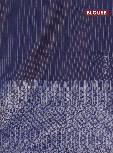 Semi tussar saree dark navy blue and off white with allover batik prints and long silver zari woven border