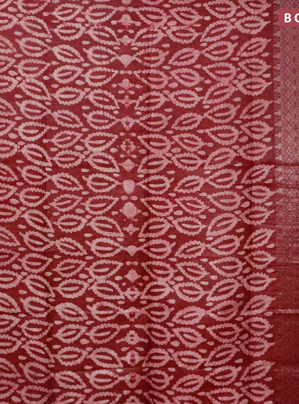 Semi tussar saree dark maroon with allover batik prints and long silver zari woven border