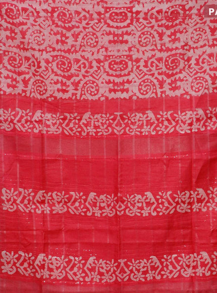 Semi tussar saree pink with allover batik prints and temple design silver zari woven border