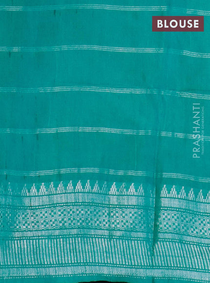 Semi tussar saree teal green and off white with allover batik prints and temple design silver zari woven border