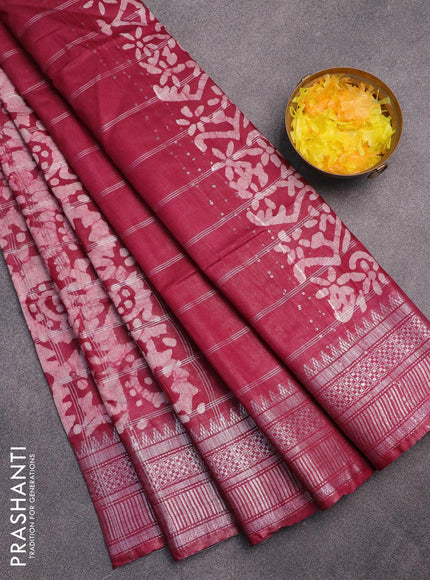 Semi tussar saree dark magenta pink with allover batik prints and temple design silver zari woven border