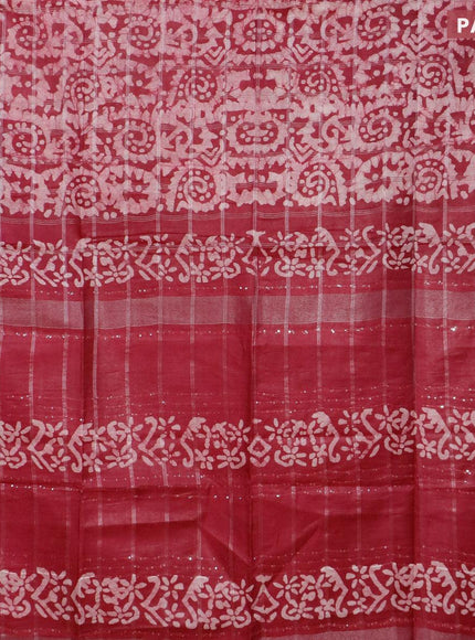 Semi tussar saree dark magenta pink with allover batik prints and temple design silver zari woven border