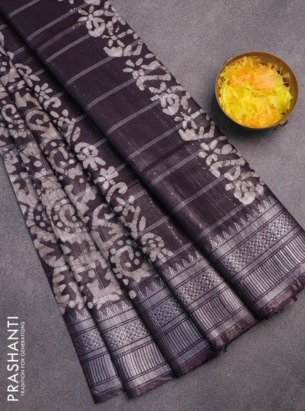 Semi tussar saree deep jamun shade and beige with allover batik prints and temple design silver zari woven border