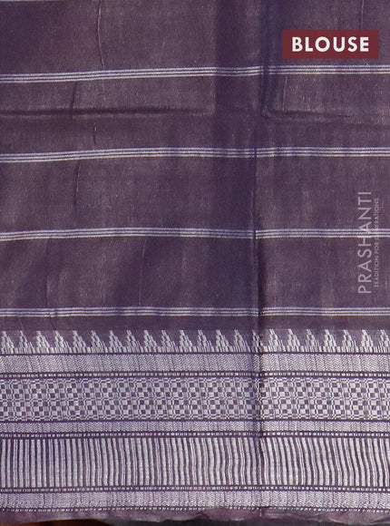 Semi tussar saree deep jamun shade and beige with allover batik prints and temple design silver zari woven border