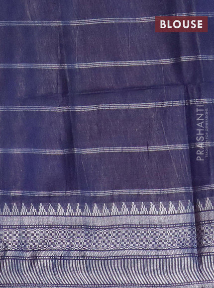 Semi tussar saree navy blue and off white with allover batik prints and long temple design silver zari woven border