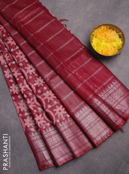 Semi tussar saree dark maroon with allover batik prints and long temple design silver zari woven border