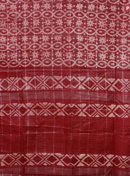 Semi tussar saree dark maroon with allover batik prints and long temple design silver zari woven border