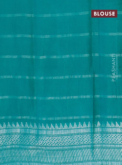 Semi tussar saree teal green with allover batik prints and long temple design silver zari woven border