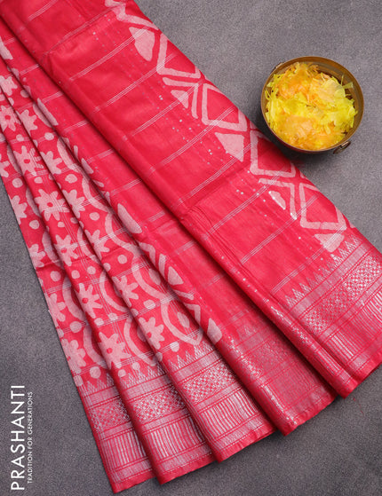 Semi tussar saree pink with allover batik prints and long temple design silver zari woven border