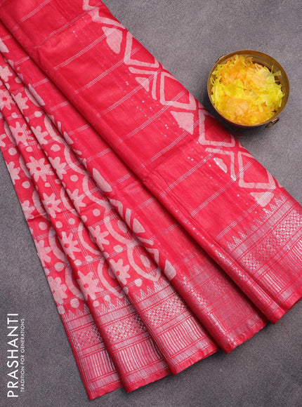 Semi tussar saree pink with allover batik prints and long temple design silver zari woven border