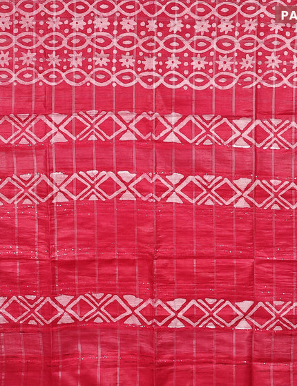 Semi tussar saree pink with allover batik prints and long temple design silver zari woven border