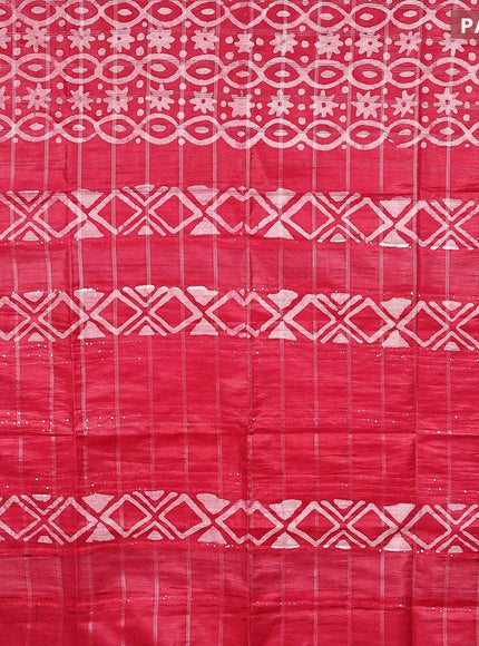 Semi tussar saree pink with allover batik prints and long temple design silver zari woven border