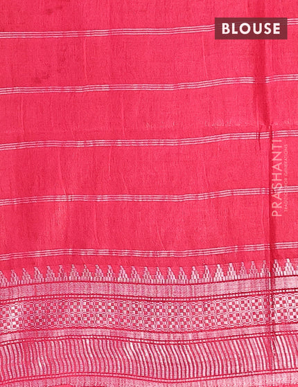 Semi tussar saree pink with allover batik prints and long temple design silver zari woven border