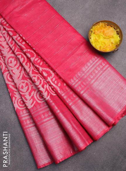 Semi tussar saree pink with allover batik prints and long silver zari woven border