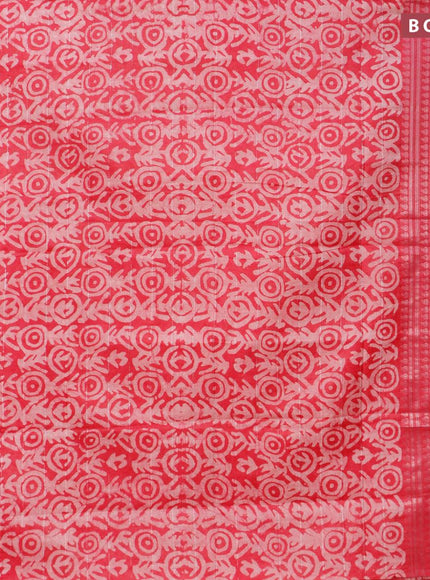 Semi tussar saree pink with allover batik prints and long silver zari woven border