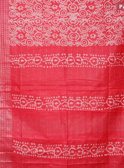 Semi tussar saree pink with allover batik prints and long silver zari woven border