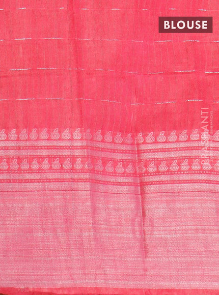 Semi tussar saree pink with allover batik prints and long silver zari woven border