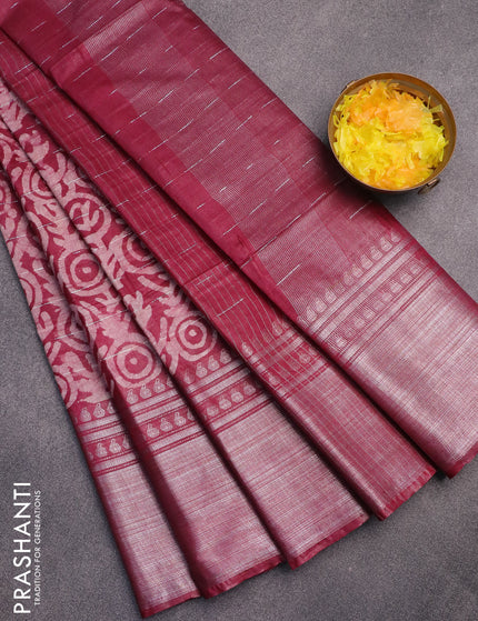 Semi tussar saree dark magenta pink and beige with allover batik prints and long silver zari woven border