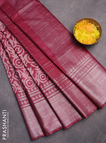 Semi tussar saree dark magenta pink and beige with allover batik prints and long silver zari woven border