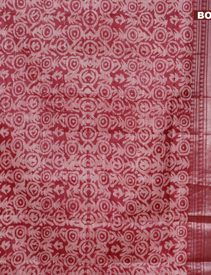 Semi tussar saree dark magenta pink and beige with allover batik prints and long silver zari woven border